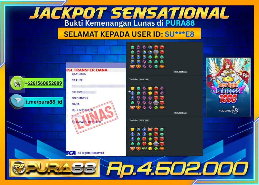 PURA88 JACKPOT SENSATIONAL STARLIGHT PRINCESS 1000 Rp 4.502.000,- LUNAS